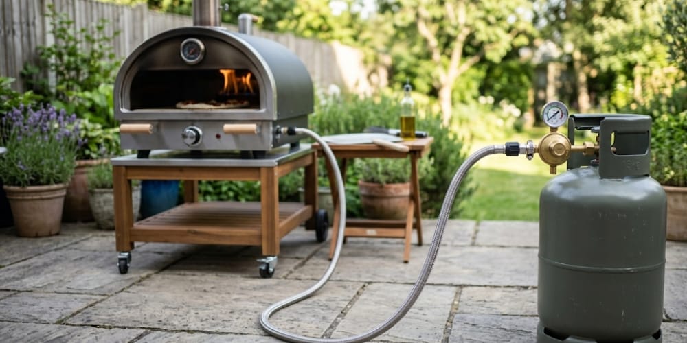 Bouteille de gaz propane raccordée à un four à pizza avec détendeur