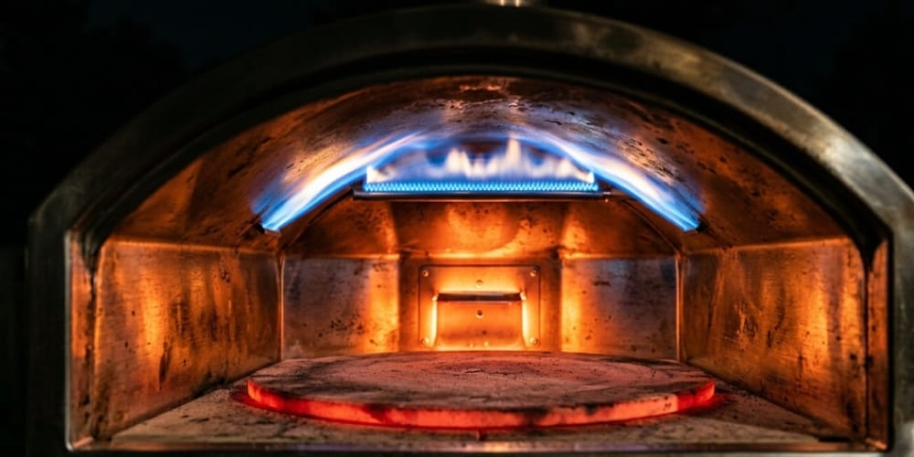 Flamme bleue de gaz à l'intérieur d'un four à pizza portable en inox