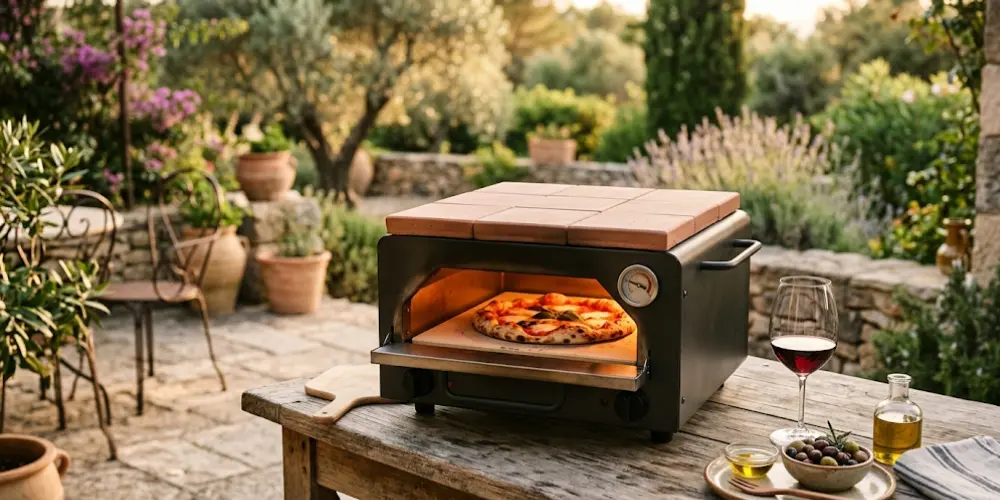 Four à pizza électrique sur une terrasse extérieure avec jardin méditerranéen