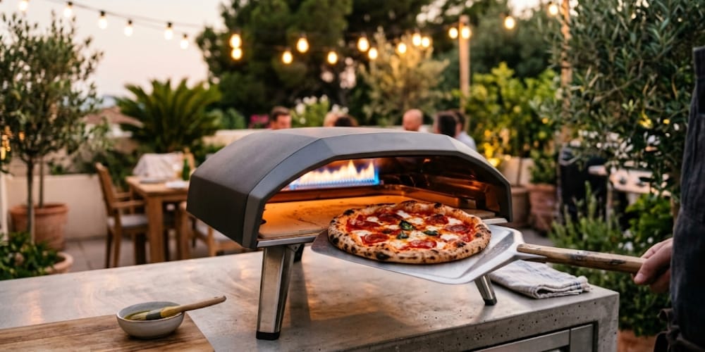 Four à pizza à gaz en fonctionnement sur une terrasse avec flamme bleue visible