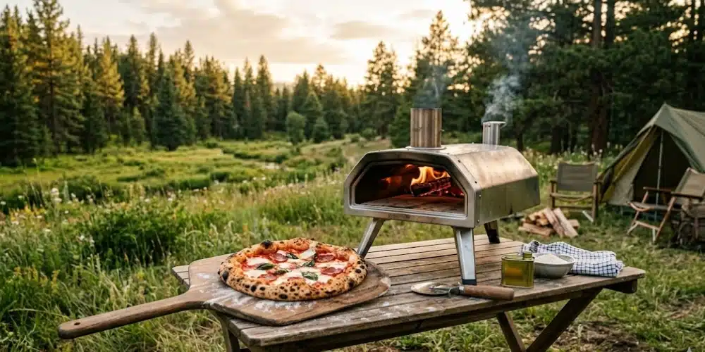 Four à pizza portable installé en pleine nature sur une table de camping