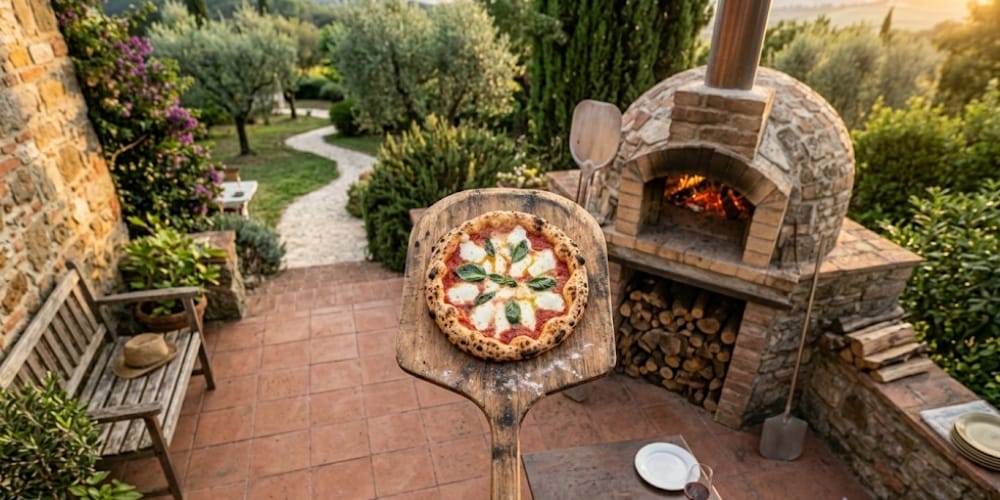 four &agrave; pizza sur une terrasse au coucher du soleil avec pizza napolitaine sur une pelle en bois
