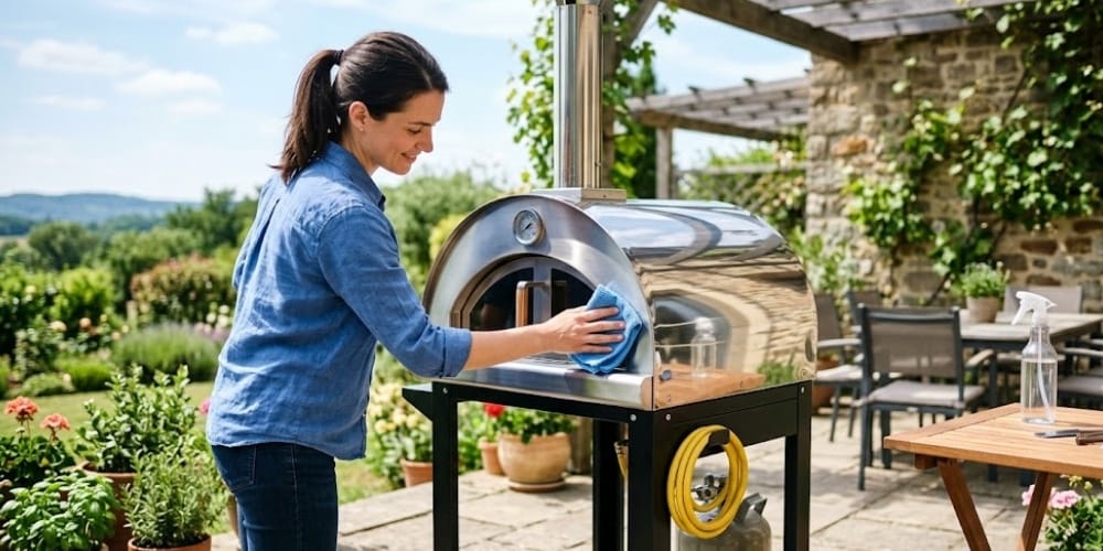 Nettoyage d'un four à pizza à gaz en acier inoxydable sur une terrasse