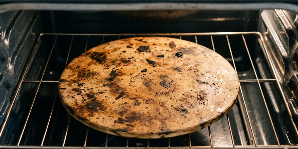 Pierre réfractaire usagée dans un four à pizza avec traces de cuisson normales