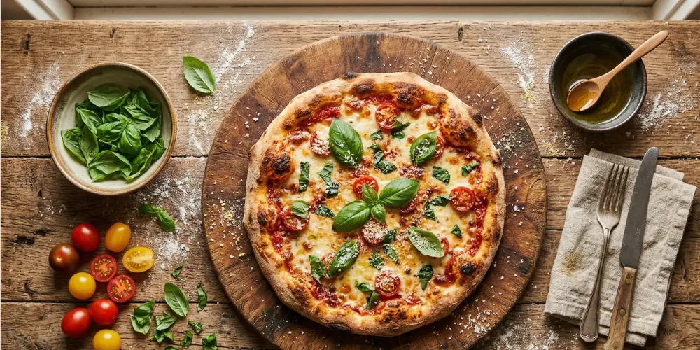 Pizza maison vue du dessus avec ingrédients frais, basilic, tomates cerises et mozzarella