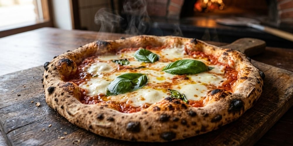 pizza Margherita napolitaine parfaite sortant du four avec croûte l&eacute;opard&eacute;e
