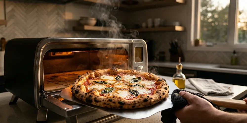 Pizza napolitaine sortant d'un four à pizza électrique dans une cuisine moderne