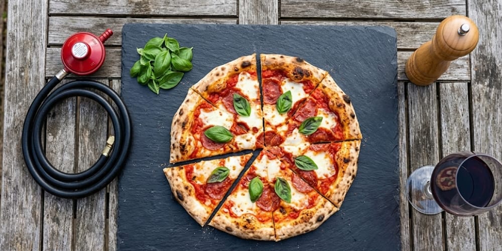 Pizza fraîchement cuite sur un plateau en ardoise, coupée en tranches
