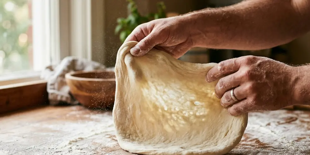 Préparation de pâte à pizza, étirage à la main sur plan de travail fariné