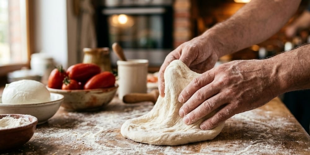 mains qui &eacute;tirent une p&acirc;te &agrave; pizza sur une surface farin&eacute;e