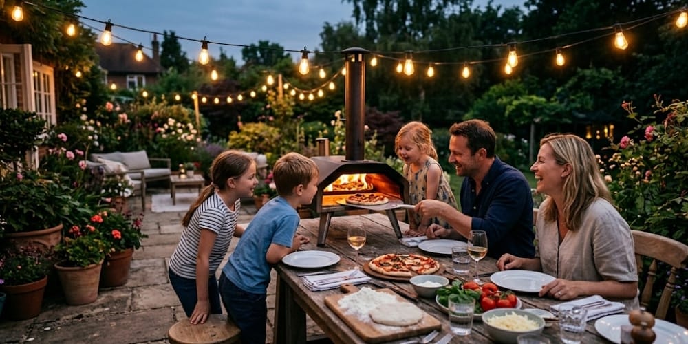 soir&eacute;e pizza en famille autour d'un four portable dans un jardin