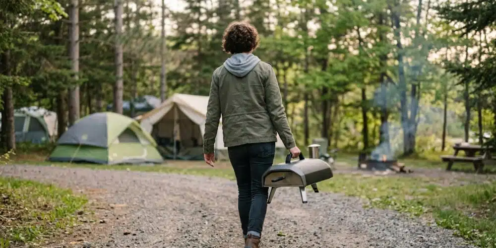 Personne transportant un four à pizza portable sur un chemin de campagne