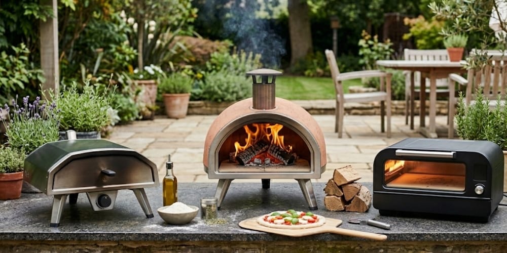 trois fours &agrave; pizza diff&eacute;rents c&ocirc;te &agrave; c&ocirc;te sur un comptoir ext&eacute;rieur